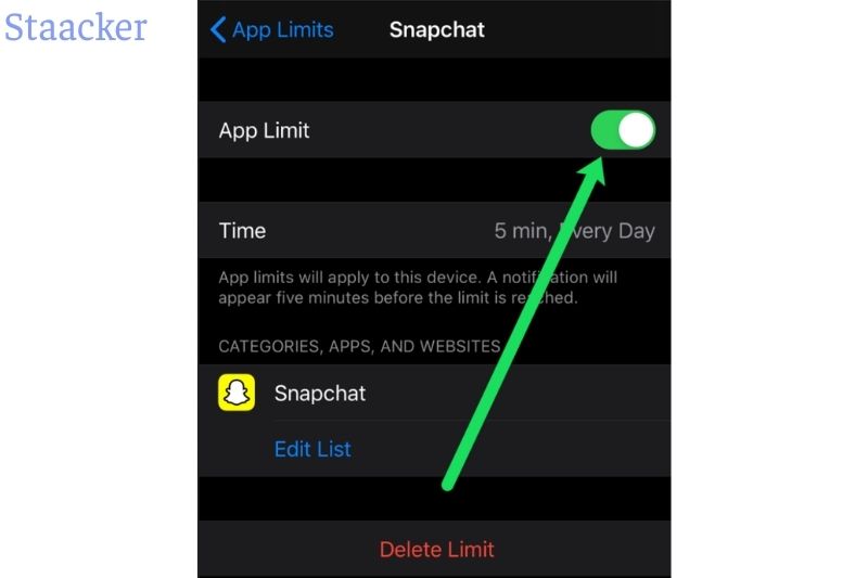 Next, you’ll have to Disable “App Limit” (toggle the button) and “Delete App Limit.”